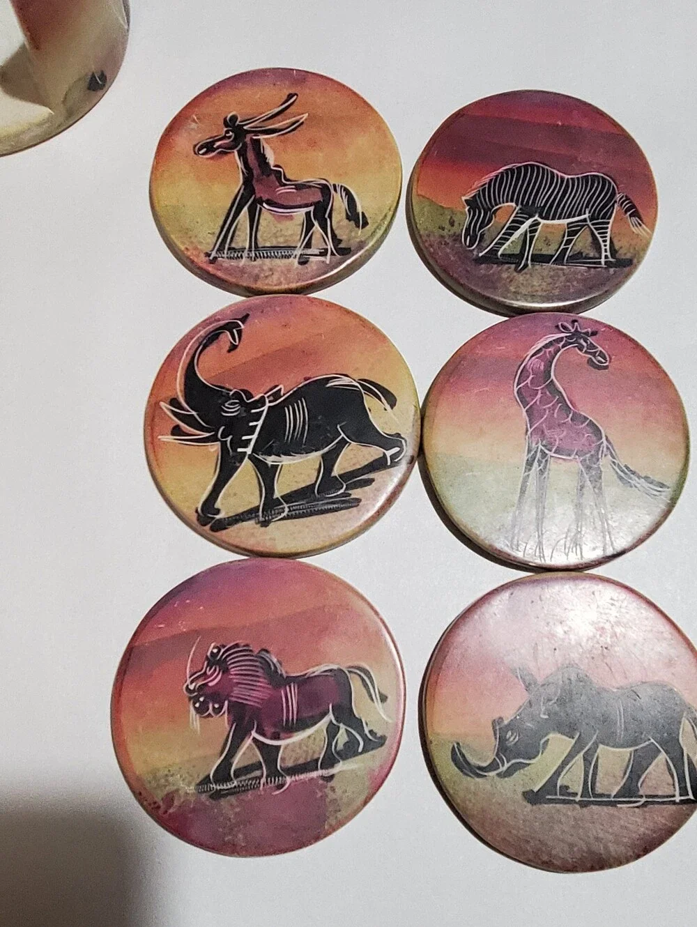 HAND CARVED SAFARI ANIMALS KENYAN SOAPSTONE COASTER SET 6.